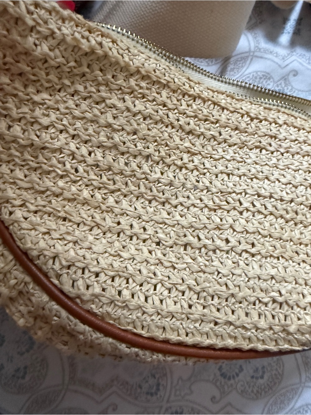 Woven Crescent Crossbody Bag in Cream with Tan Trim - Picture 4 of 8